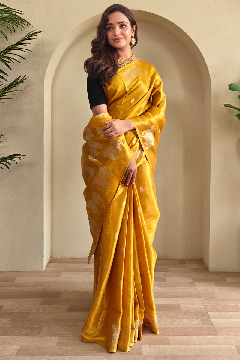 Rhapsodic Mustard Soft Banarasi Tissue Silk Saree With Ephemeral Blouse Piece