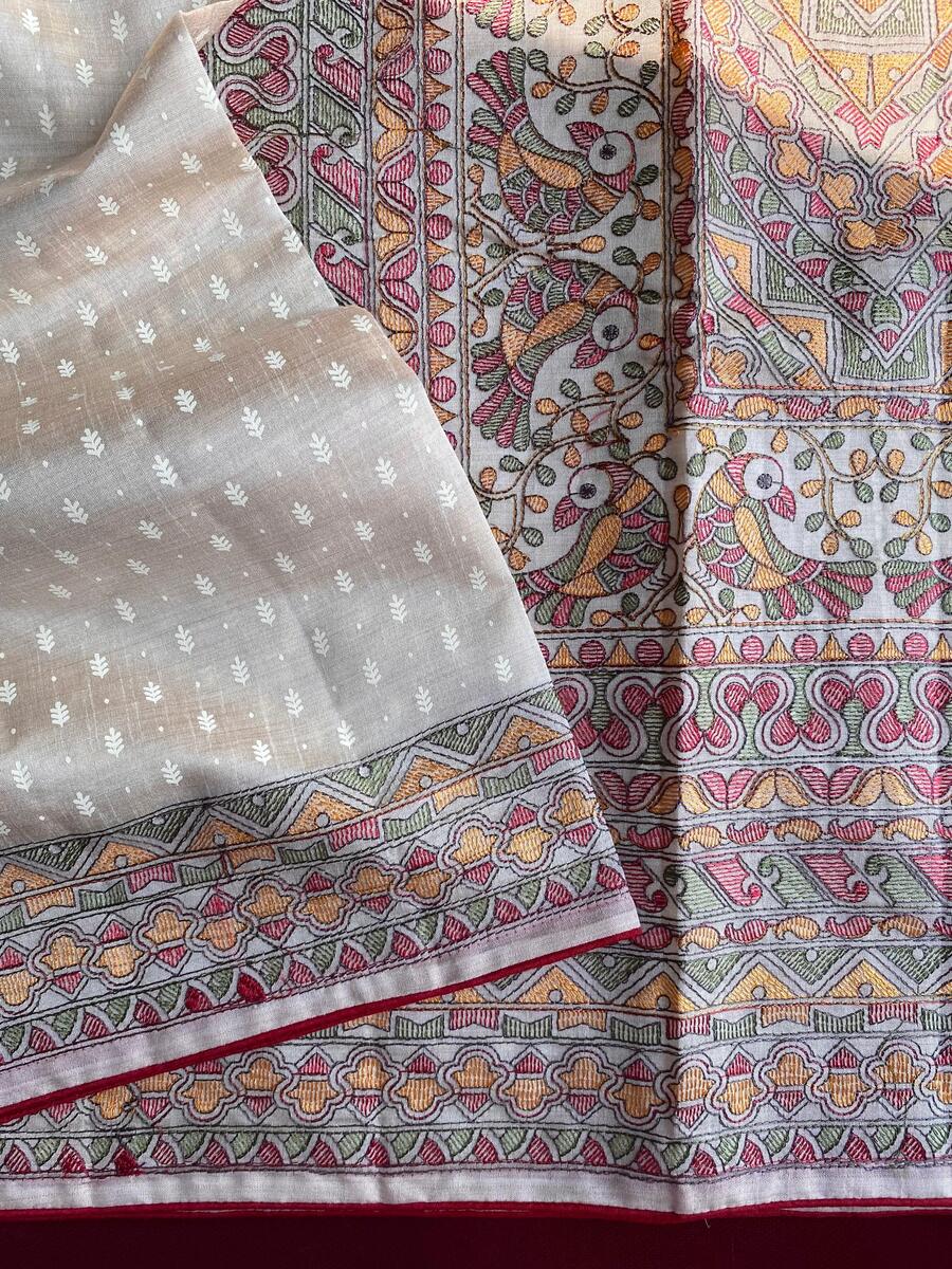 Flattering Off White Embroidery Work Tussar Silk Saree With Amiable Blouse Piece