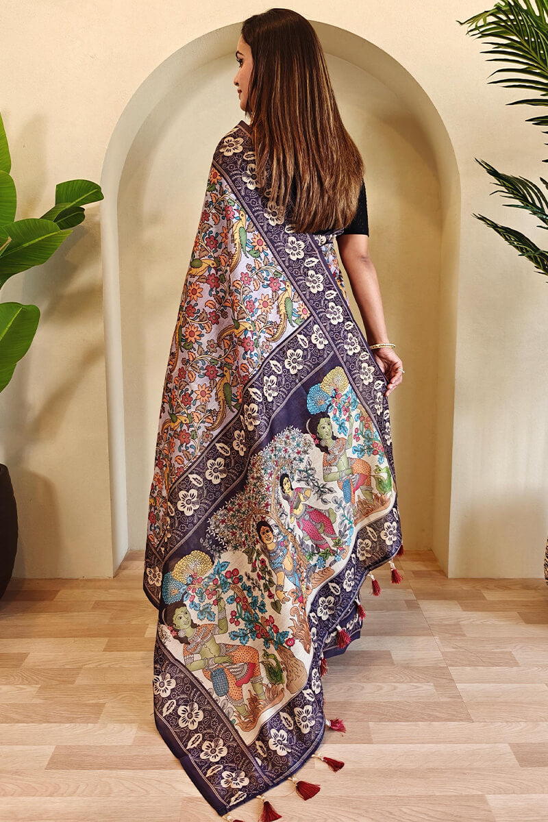 Incredible Lavender Kalamkari Printed Saree With Enamoring Blouse Piece