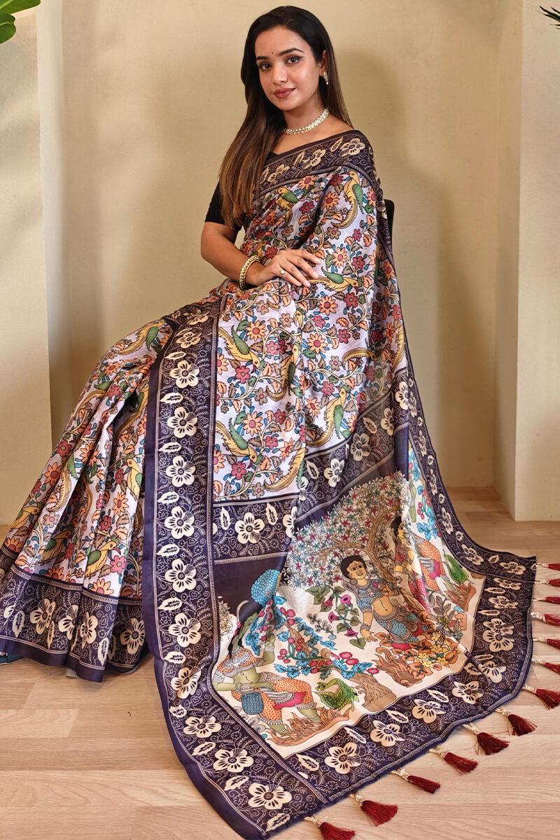 Incredible Lavender Kalamkari Printed Saree With Enamoring Blouse Piece