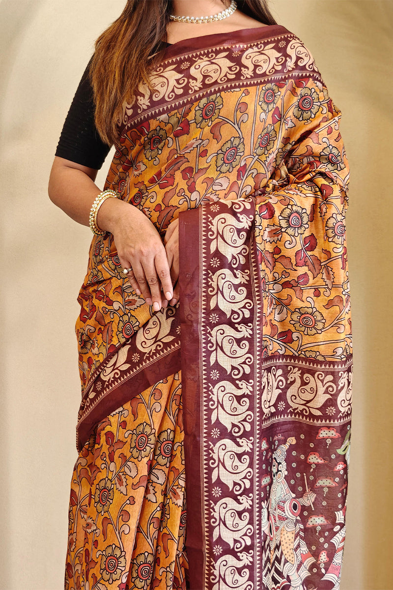 Allure Mustard Kalamkari Printed Saree With Desultory Blouse Piece