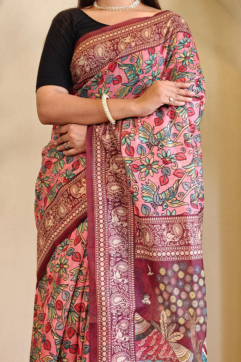 Admirable Pink Kalamkari Printed Saree With Stunner Blouse Piece