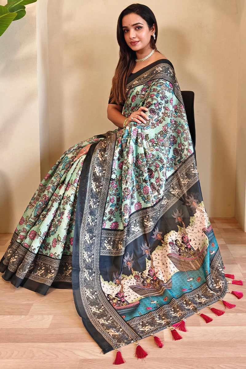 Nectarous Sky Kalamkari Printed Saree With Incomparable Blouse Piece