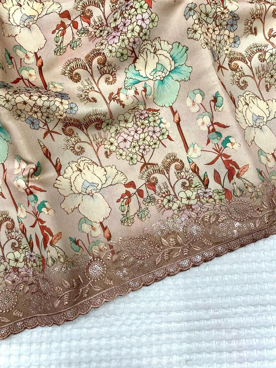 Desultory Brown Embroidery Work Tussar Silk Saree With Innovative Blouse Piece