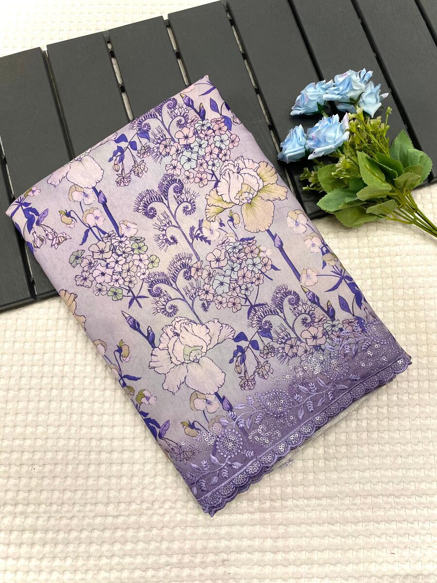 Sizzling Lavender Embroidery Work Tussar Silk Saree With Unequalled Blouse Piece