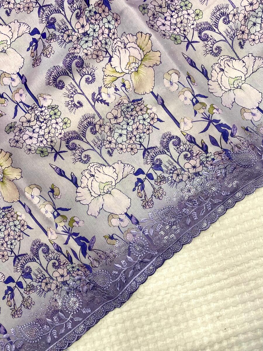 Sizzling Lavender Embroidery Work Tussar Silk Saree With Unequalled Blouse Piece