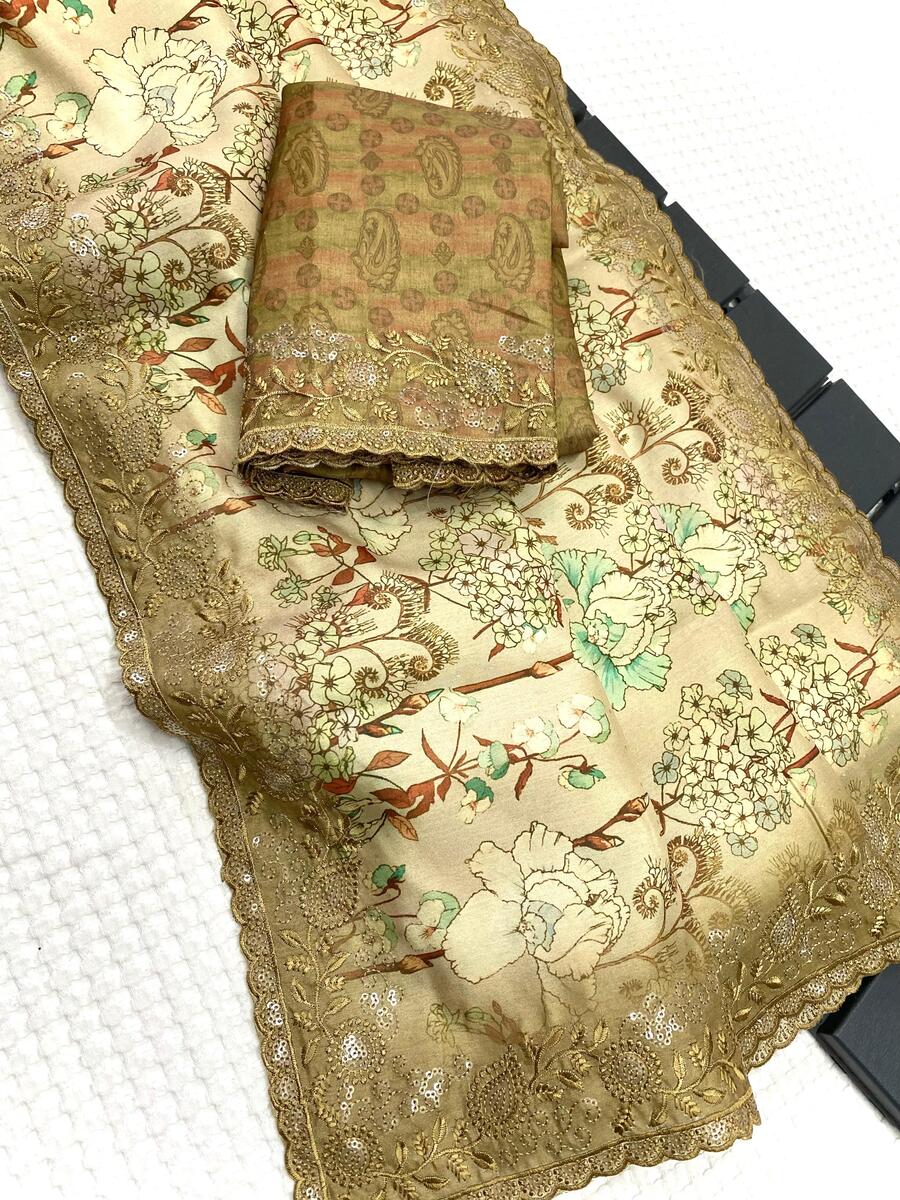 Elaborate Mustard Embroidery Work Tussar Silk Saree With Preferable Blouse Piece