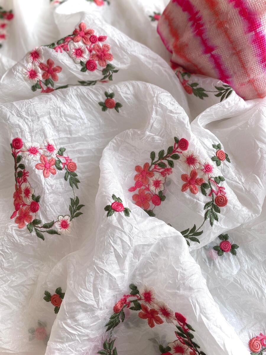 Jubilant Off White Embroidery Work Crush Silk Saree With Admirable Blouse Piece