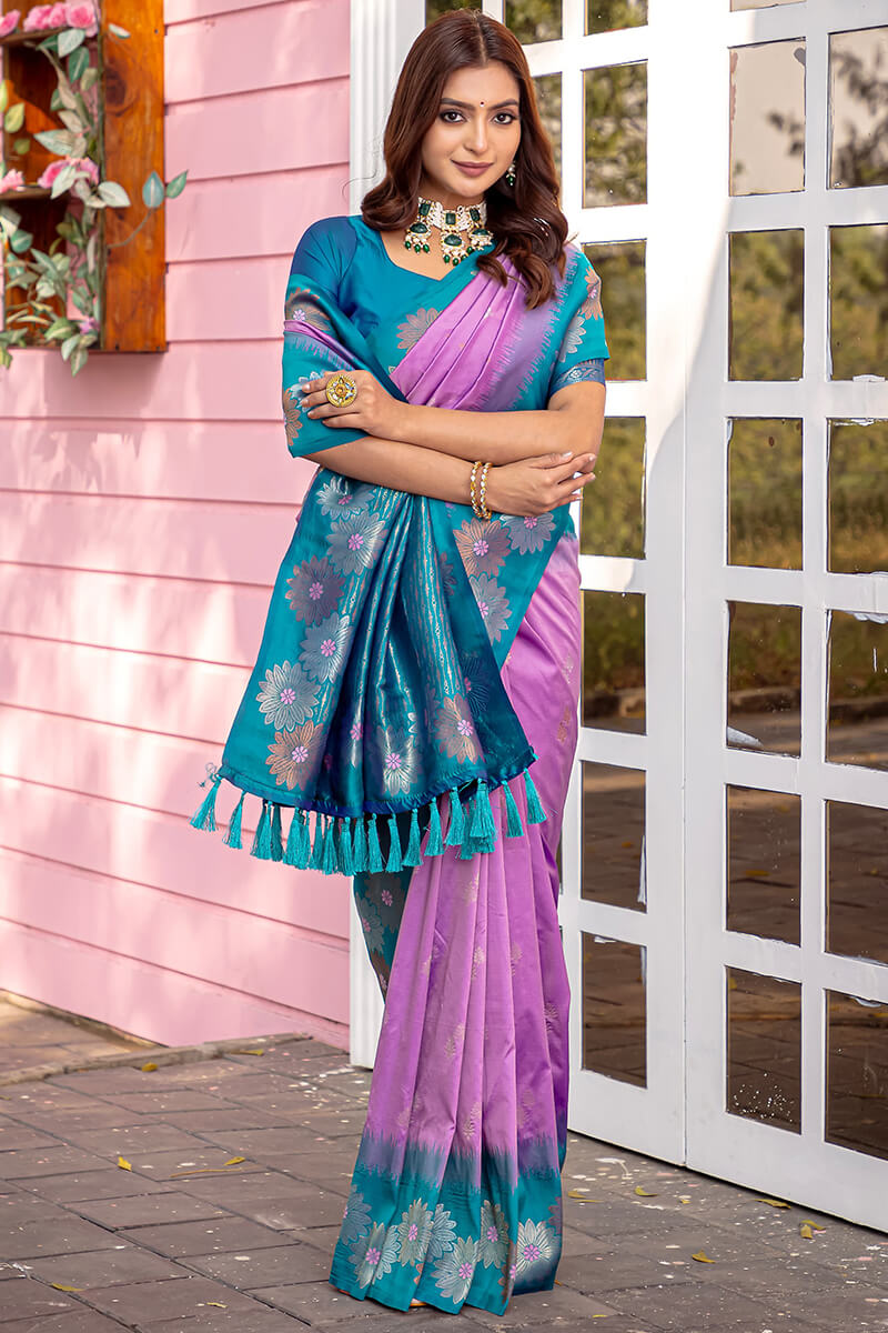 Ornate Lavender Soft Banarasi Silk Saree With Rhapsody Blouse Piece