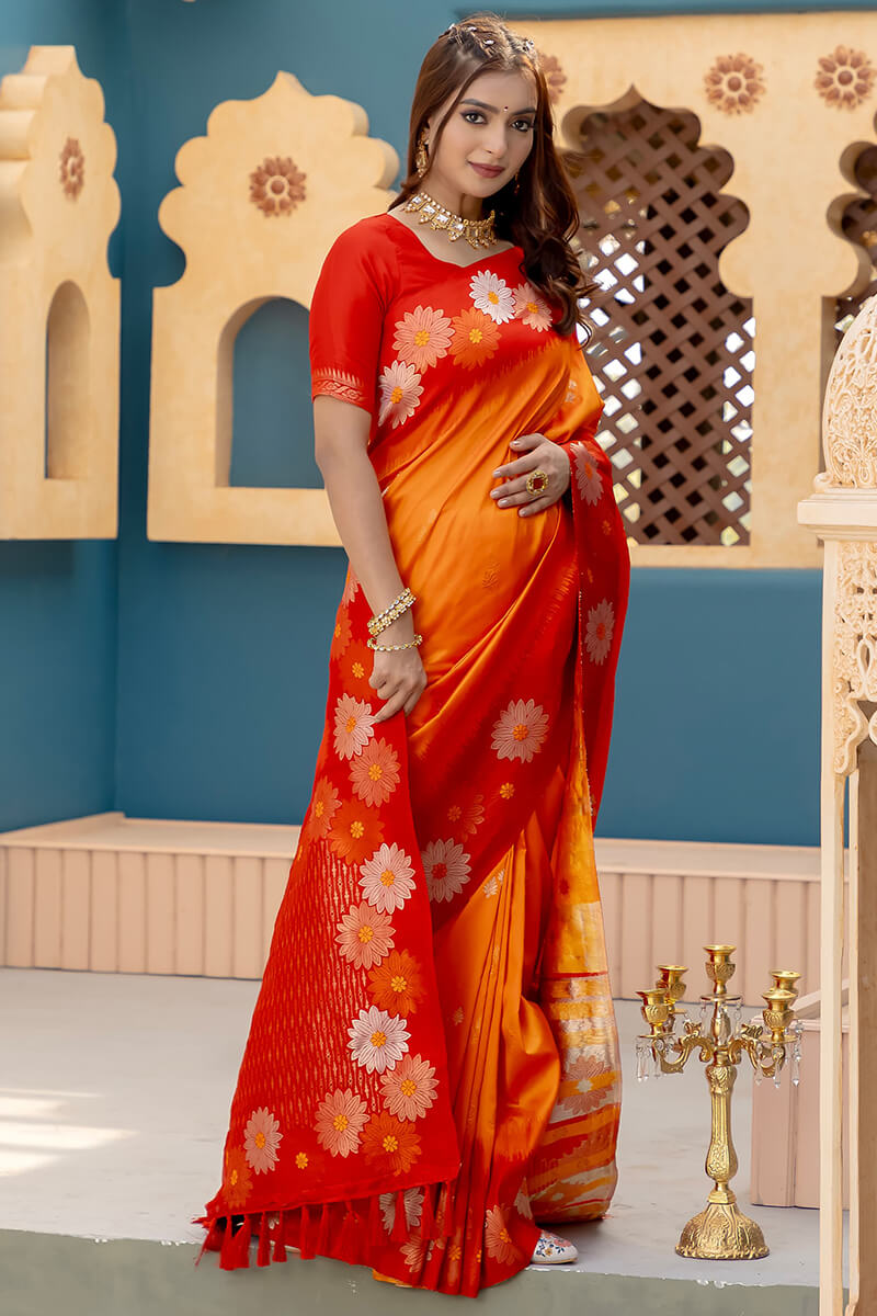 Lustrous Orange Soft Banarasi Silk Saree With Dulcet Blouse Piece