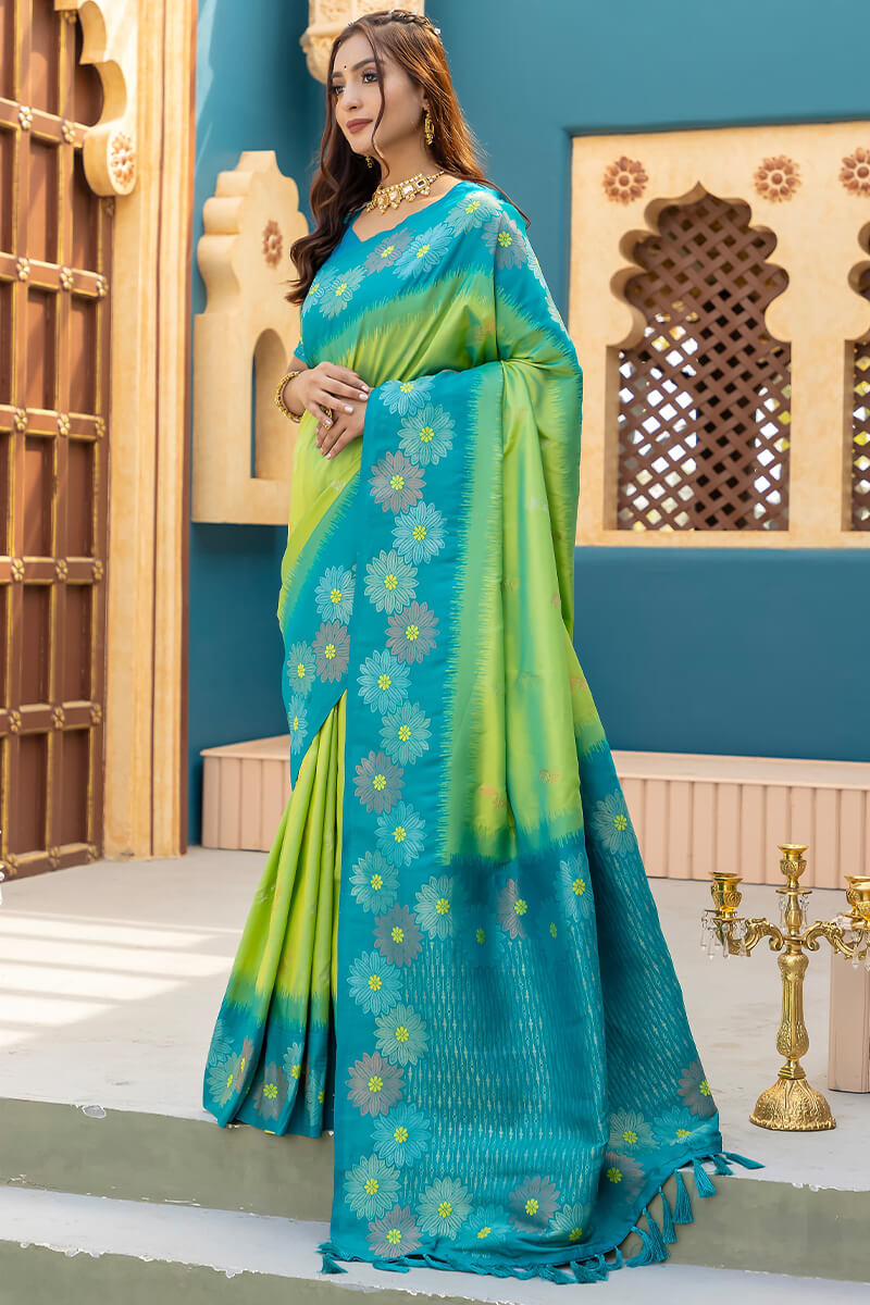 Seraphic Parrot Soft Banarasi Silk Saree With Quixotic Blouse Piece