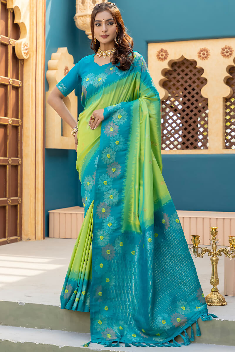 Seraphic Parrot Soft Banarasi Silk Saree With Quixotic Blouse Piece