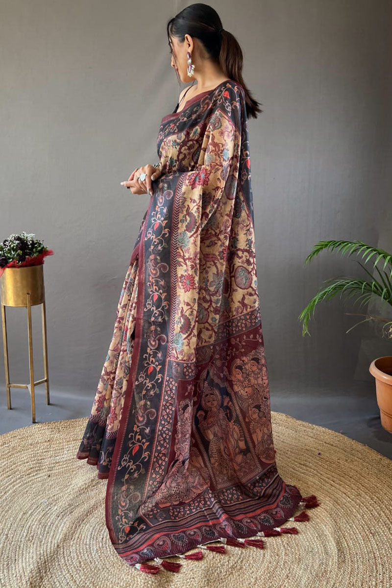 Comely Peach Digital Printed Cotton Silk Saree With Exquisite Blouse Piece