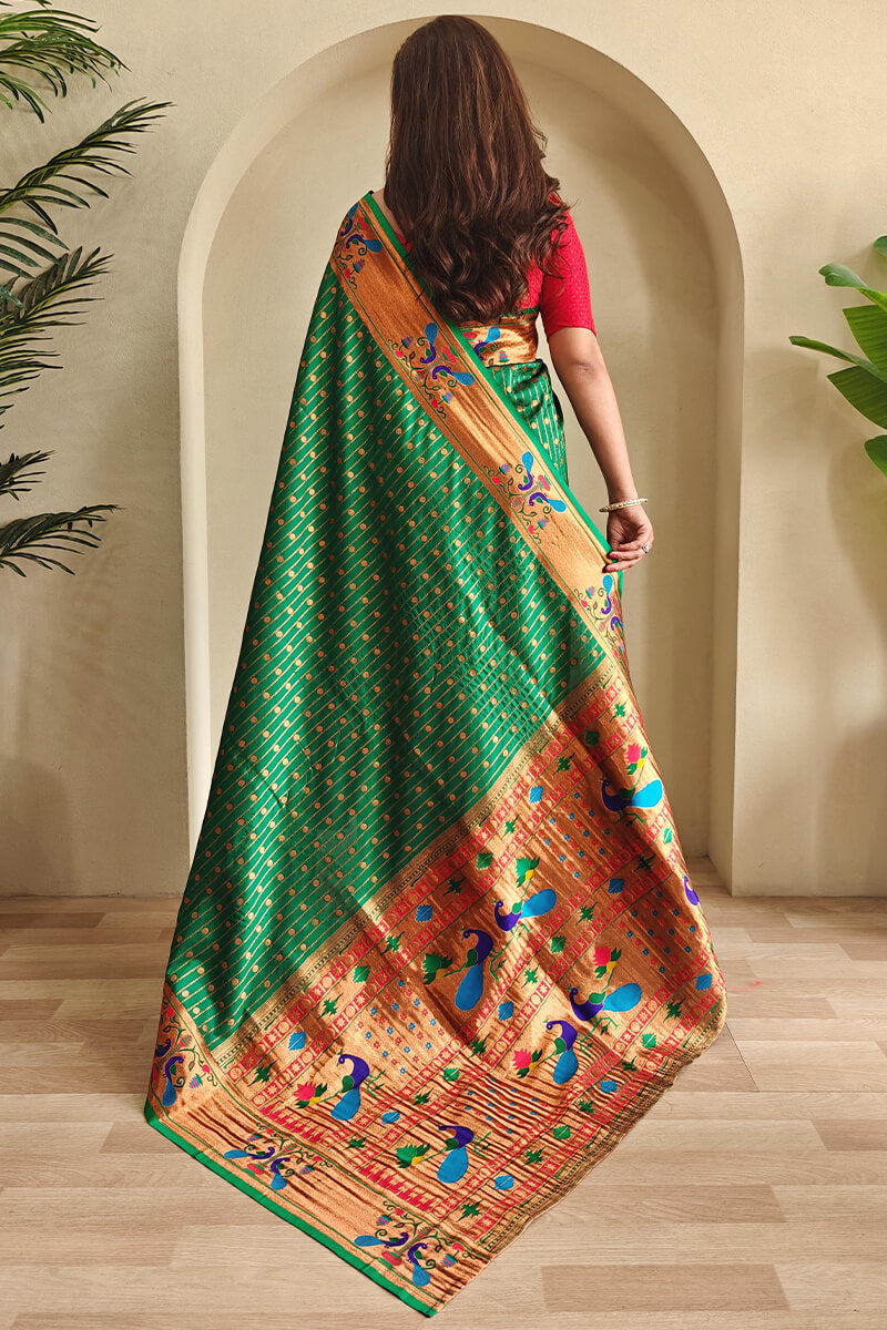 Petrichor Dark Green Paithani Silk Saree With Artistic Blouse Piece