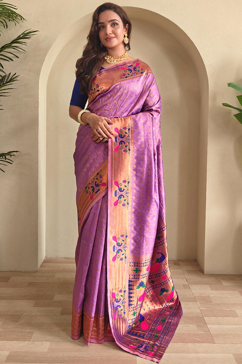 Mellifluous Lavender Paithani Silk Saree With Fantabulous Blouse Piece