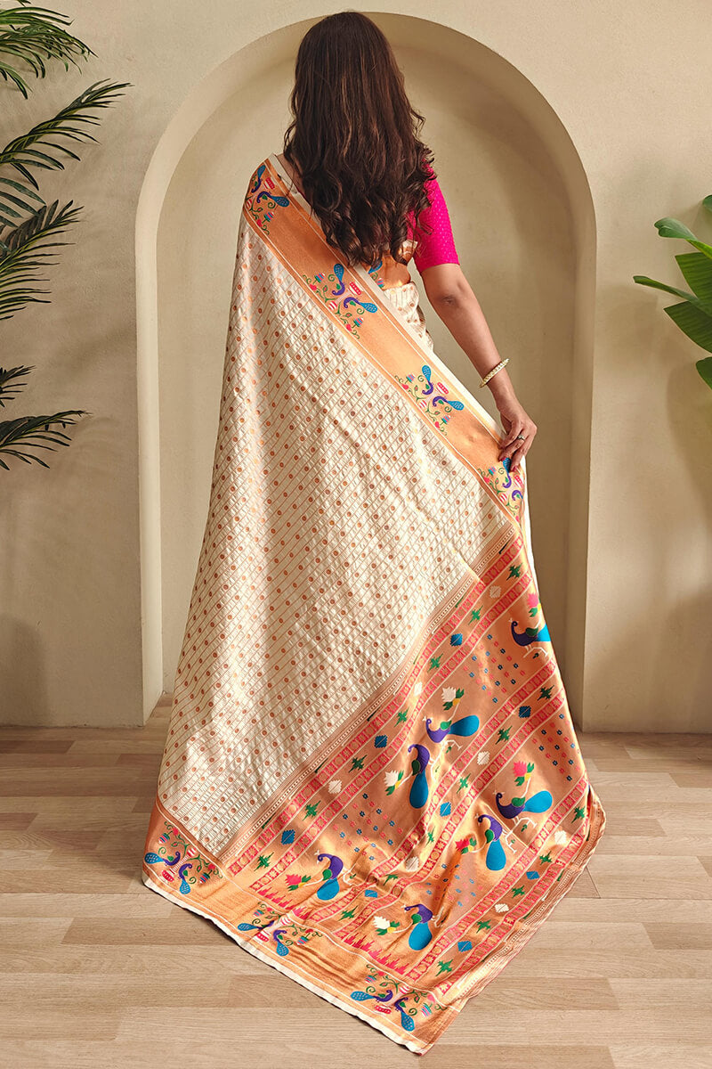 Forbearance Off White Paithani Silk Saree With Ideal Blouse Piece