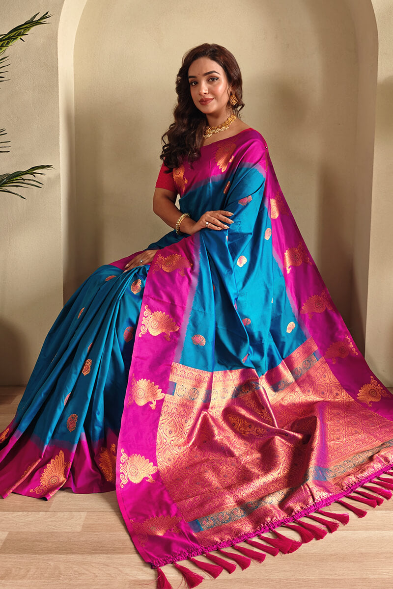 Elaborate Blue Soft Banarasi Silk Saree With Winsome Blouse Piece