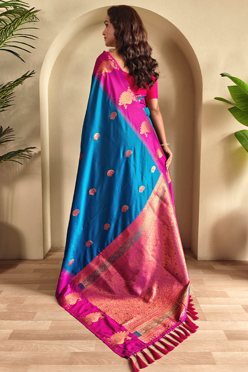 Elaborate Blue Soft Banarasi Silk Saree With Winsome Blouse Piece