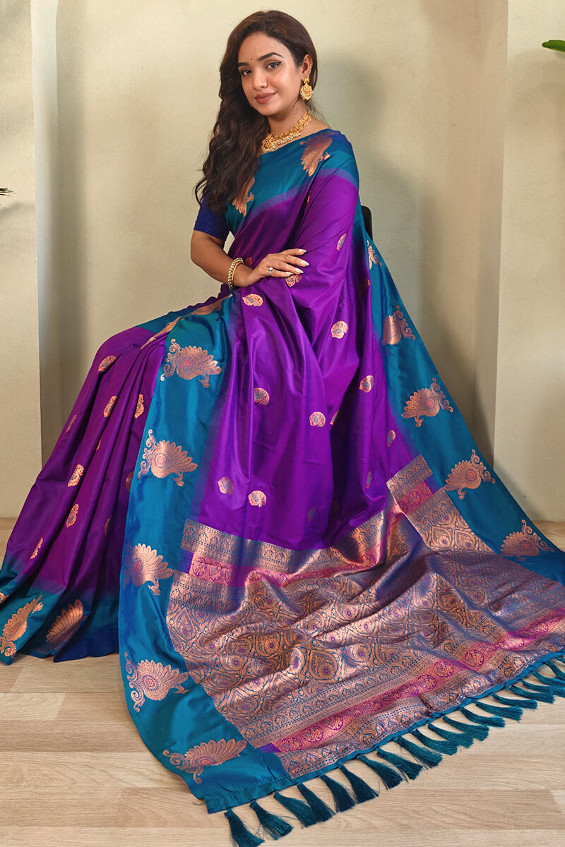 Bucolic Purple Soft Banarasi Silk Saree With Dulcet Blouse Piece