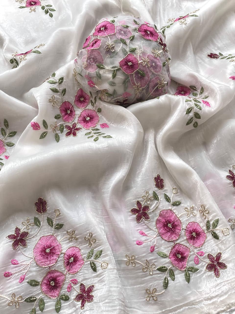 Radiant Off White Handwork Crush Silk Saree With Alluring Blouse Piece