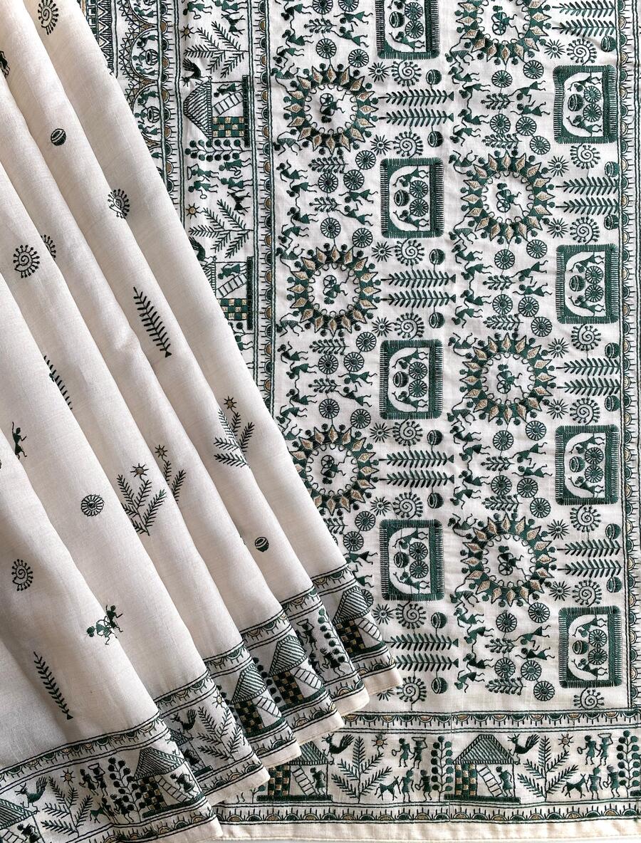 Incomparable Off White Embroidery Work Tussar Silk Saree With Eclat Blouse Piece