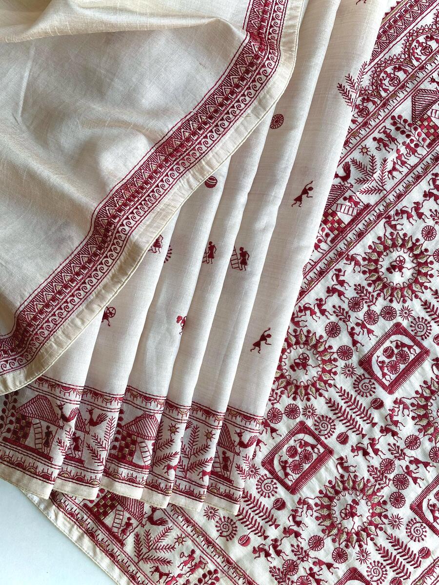 Mesmeric Off White Embroidery Work Tussar Silk Saree With Classic Blouse Piece