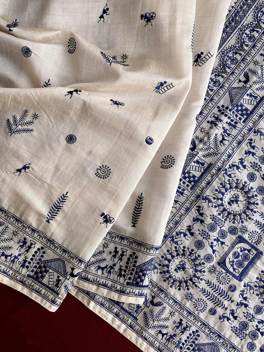 Bewitching Off White Embroidery Work Tussar Silk Saree With Aplomb Blouse Piece