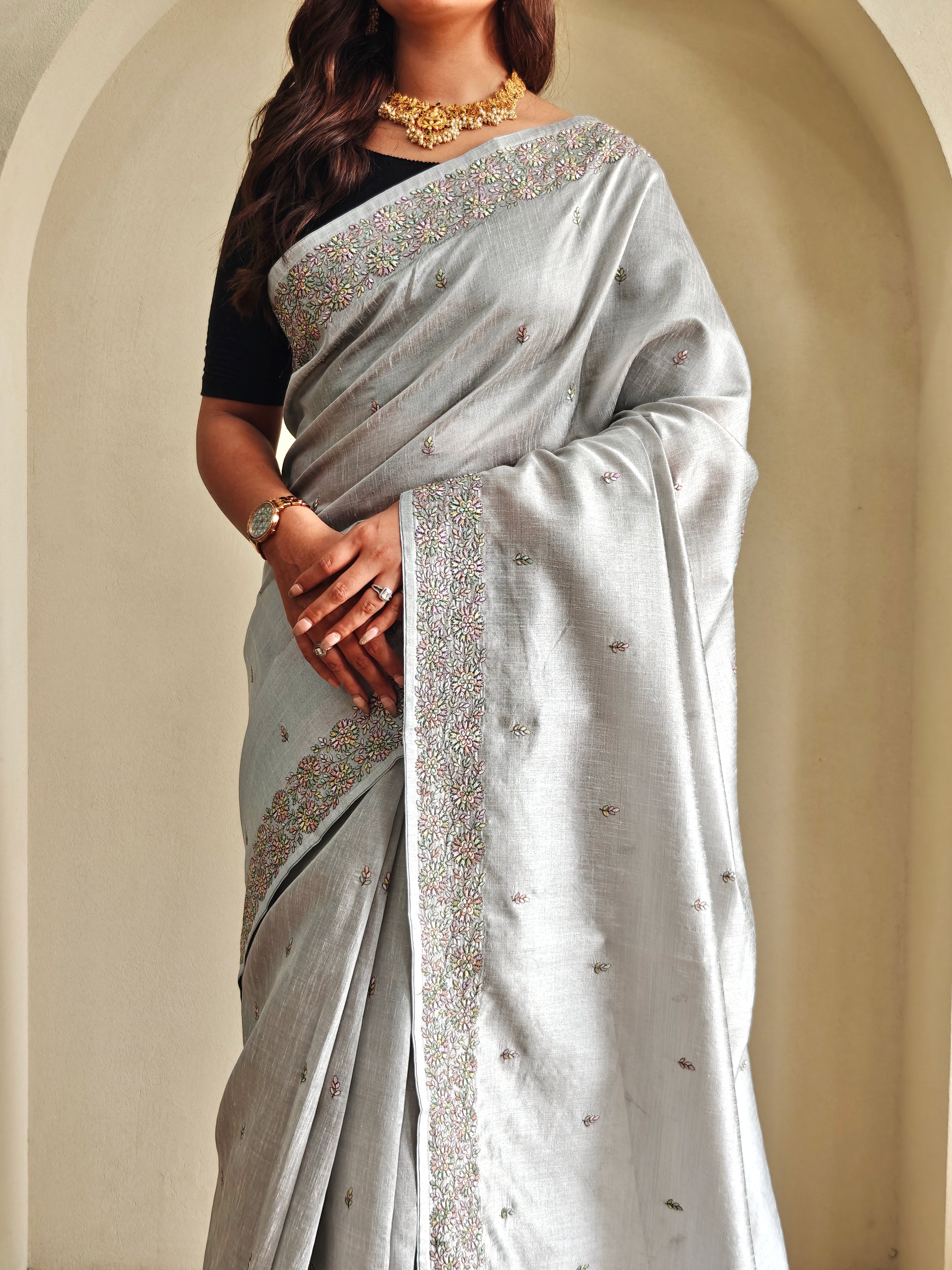 Sonorous Grey Embroidery Work Tussar Silk Saree With Scintillating Blouse Piece