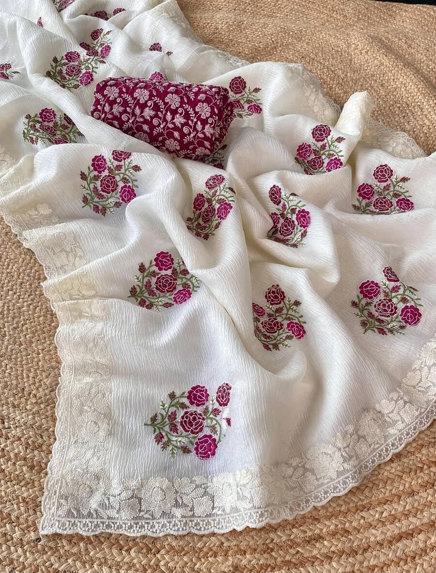 Gratifying Off White Embroidery Work Crush Silk Saree With Admirable Blouse Piece