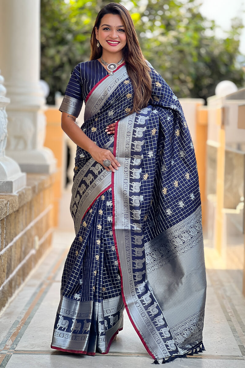 Pretty Navy Blue Soft Banarasi Silk Saree With Bucolic Blouse Piece