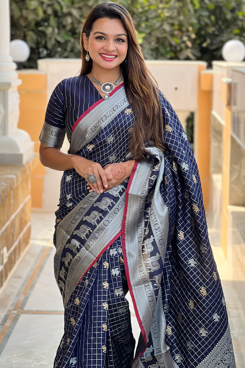Pretty Navy Blue Soft Banarasi Silk Saree With Bucolic Blouse Piece