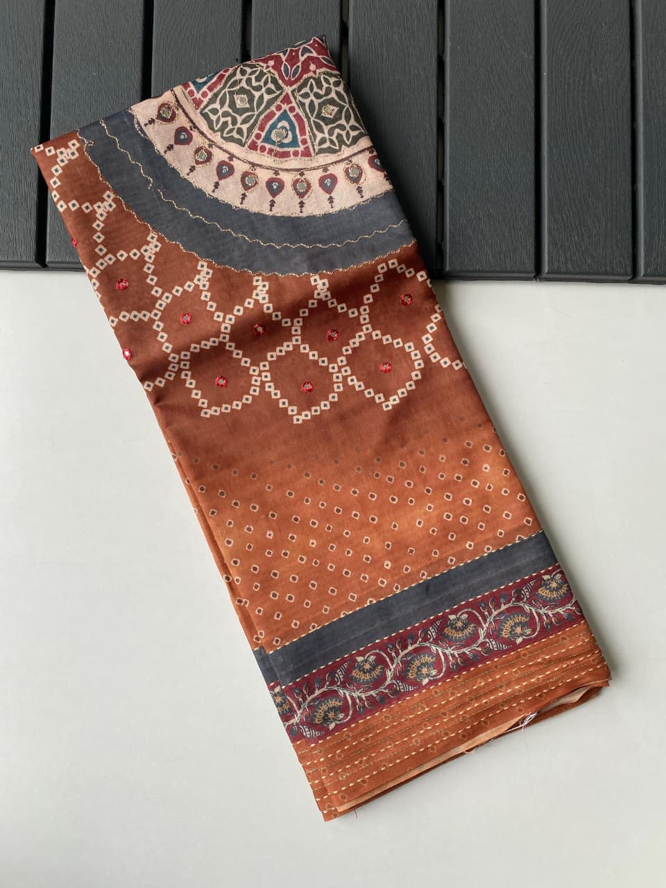 Stylish Brown Bandhani Printed Soft Silk Saree With Desiring Blouse Piece