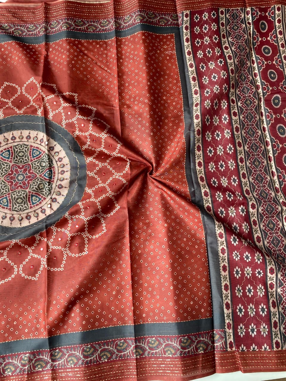 Extraordinary Rust Bandhani Printed Soft Silk Saree With Breathtaking Blouse Piece