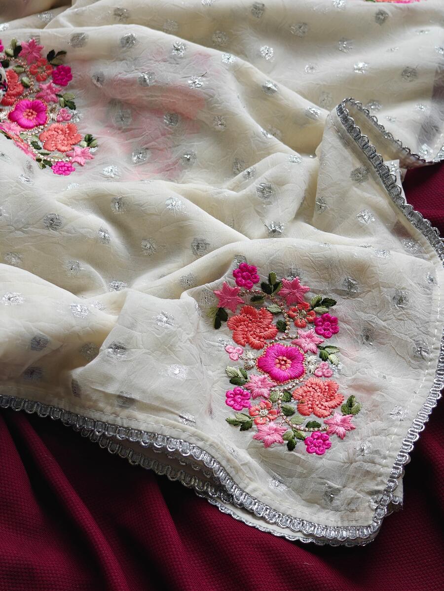 Jazzy Off White Embroidery Work Chiffon Silk Saree With Fragrant Blouse Piece