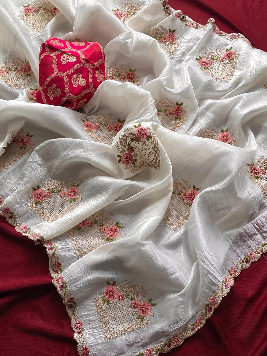 Wonderful Off White Embroidery Work Crush Silk Saree With Inspiring Blouse Piece