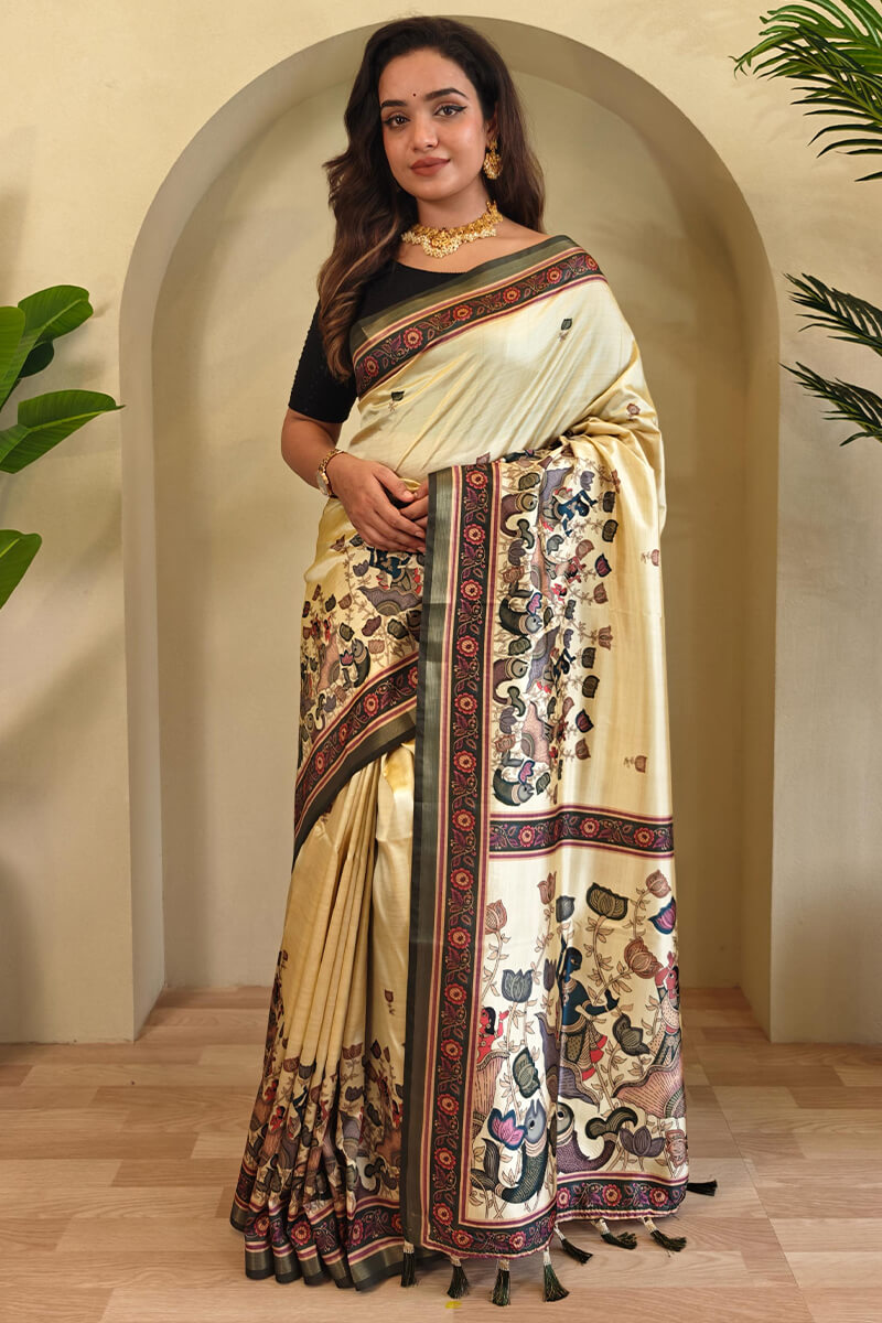Ephemeral Beige Kalamkari Printed Viscose Dola Silk Saree With Beleaguer Blouse Piece