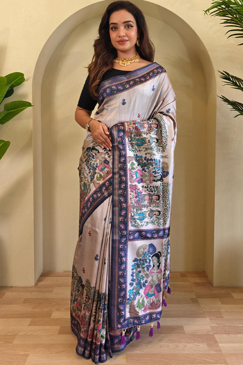Stunner Lavender Kalamkari Printed Viscose Dola Silk Saree With Majesty Blouse Piece