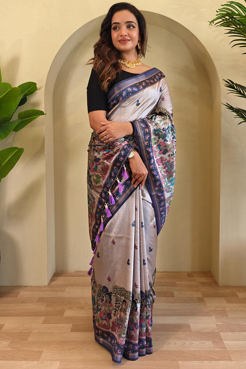 Stunner Lavender Kalamkari Printed Viscose Dola Silk Saree With Majesty Blouse Piece