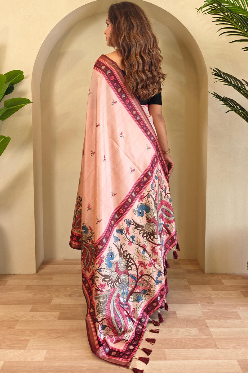 Jazzy Peach Kalamkari Printed Viscose Dola Silk Saree With Unique Blouse Piece