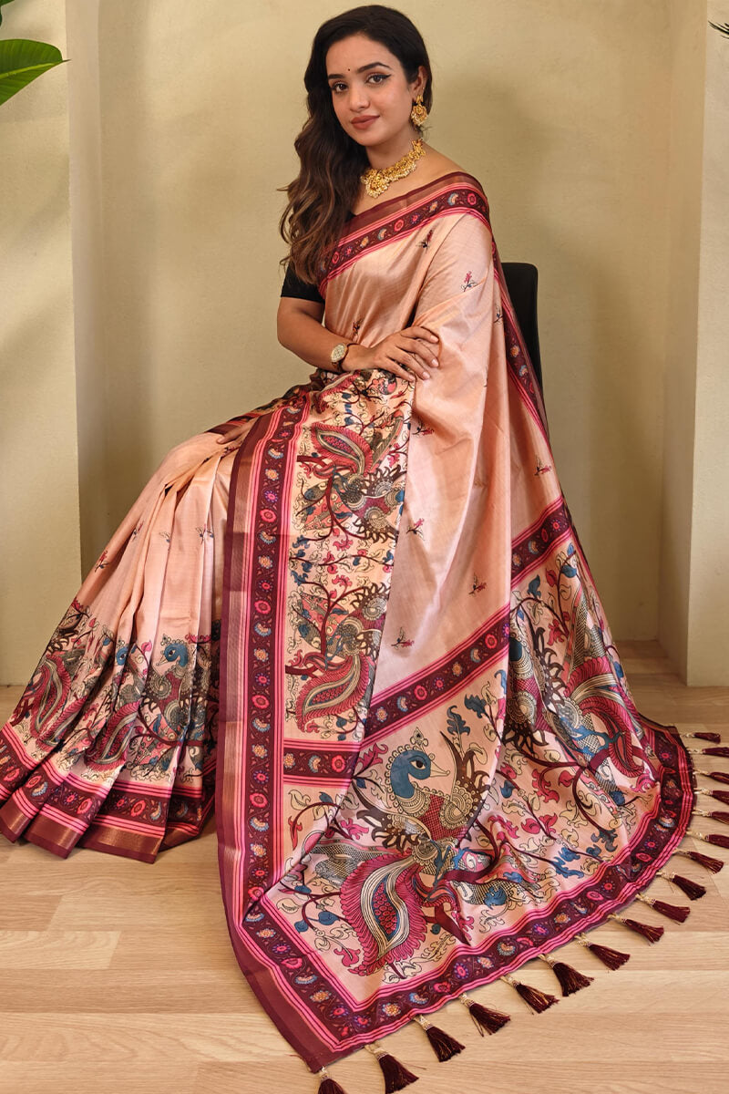 Jazzy Peach Kalamkari Printed Viscose Dola Silk Saree With Unique Blouse Piece
