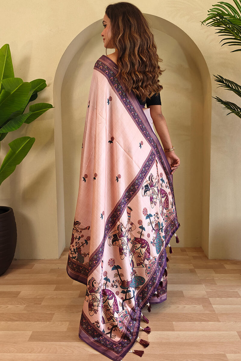Sizzling Pink Kalamkari Printed Viscose Dola Silk Saree With Pretty Blouse Piece