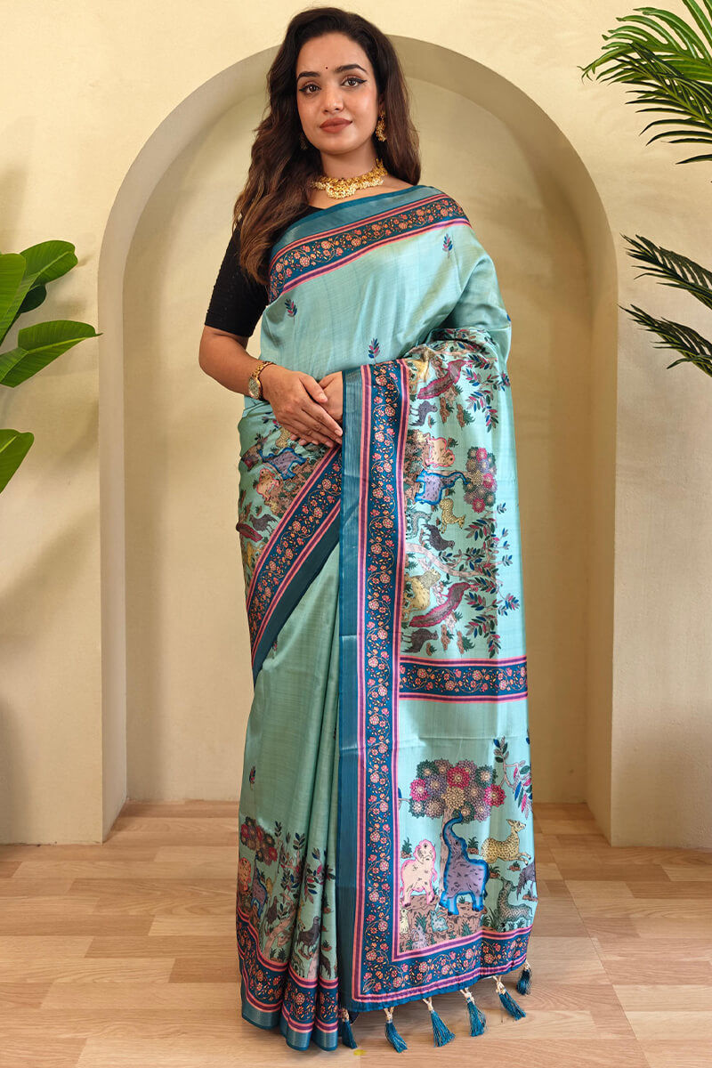 Energetic Sea Green Kalamkari Printed Viscose Dola Silk Saree With Capricious Blouse Piece