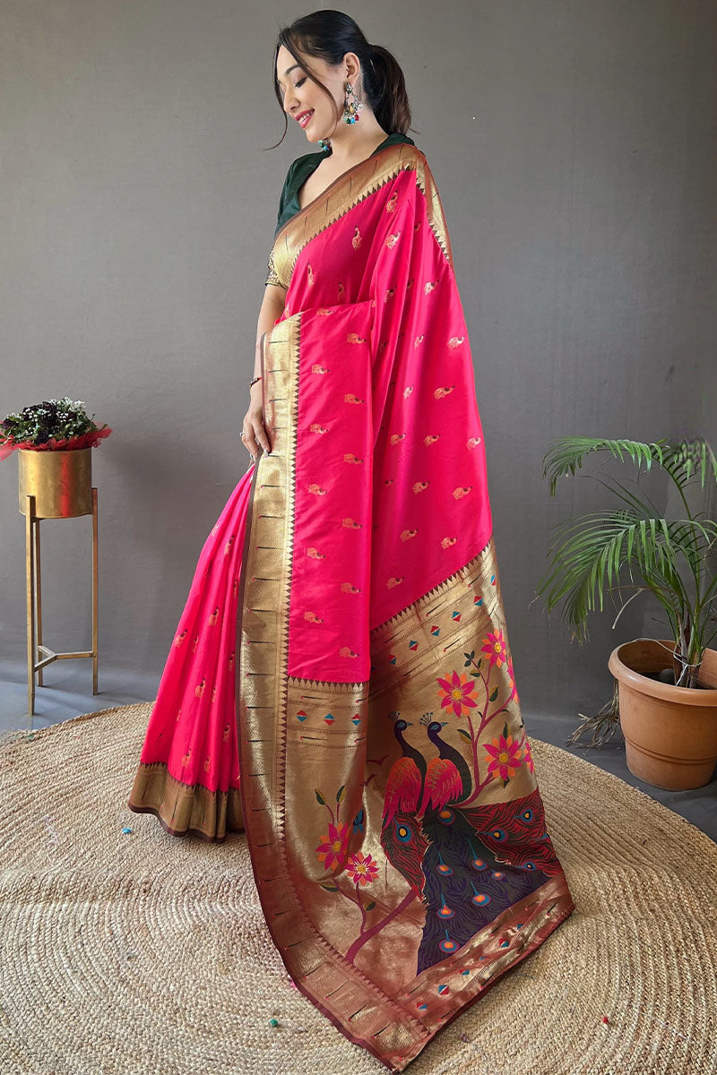 Dark Pink Paithani Silk Saree with Multicolored Floral Jaal Work main image 0