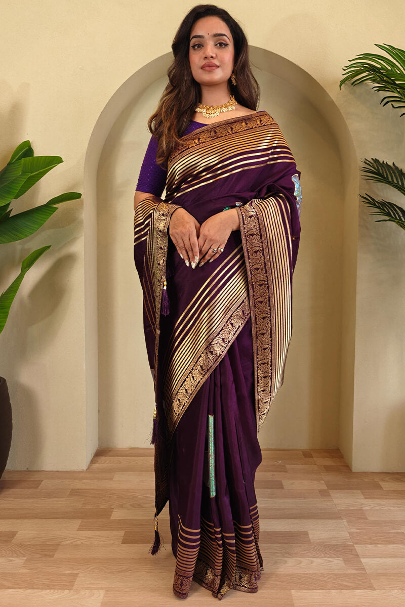 Delightful Purple Soft Banarasi Silk Saree With Classic Blouse Piece