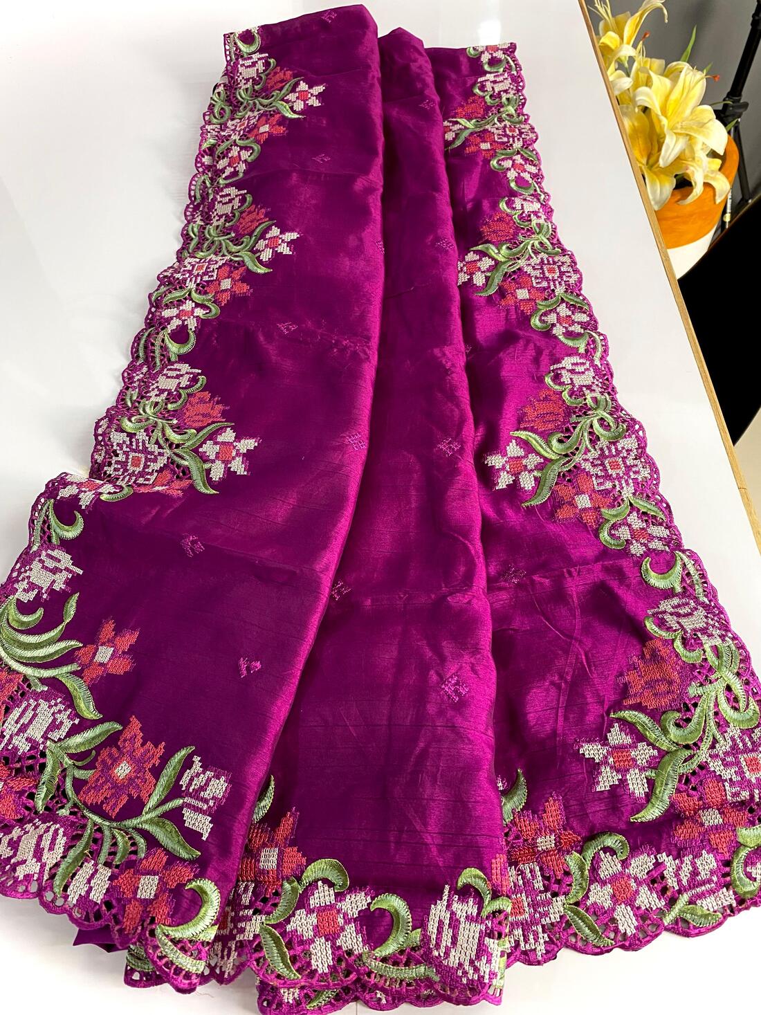 Ideal Purple Embroidery Work Tussar Silk Saree With Comely Blouse Piece