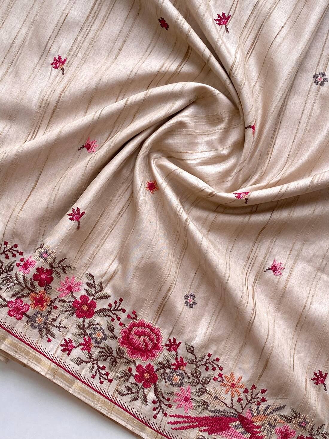 Angelic Beige Embroidery Work Tussar Silk Saree With Traditional Blouse Piece