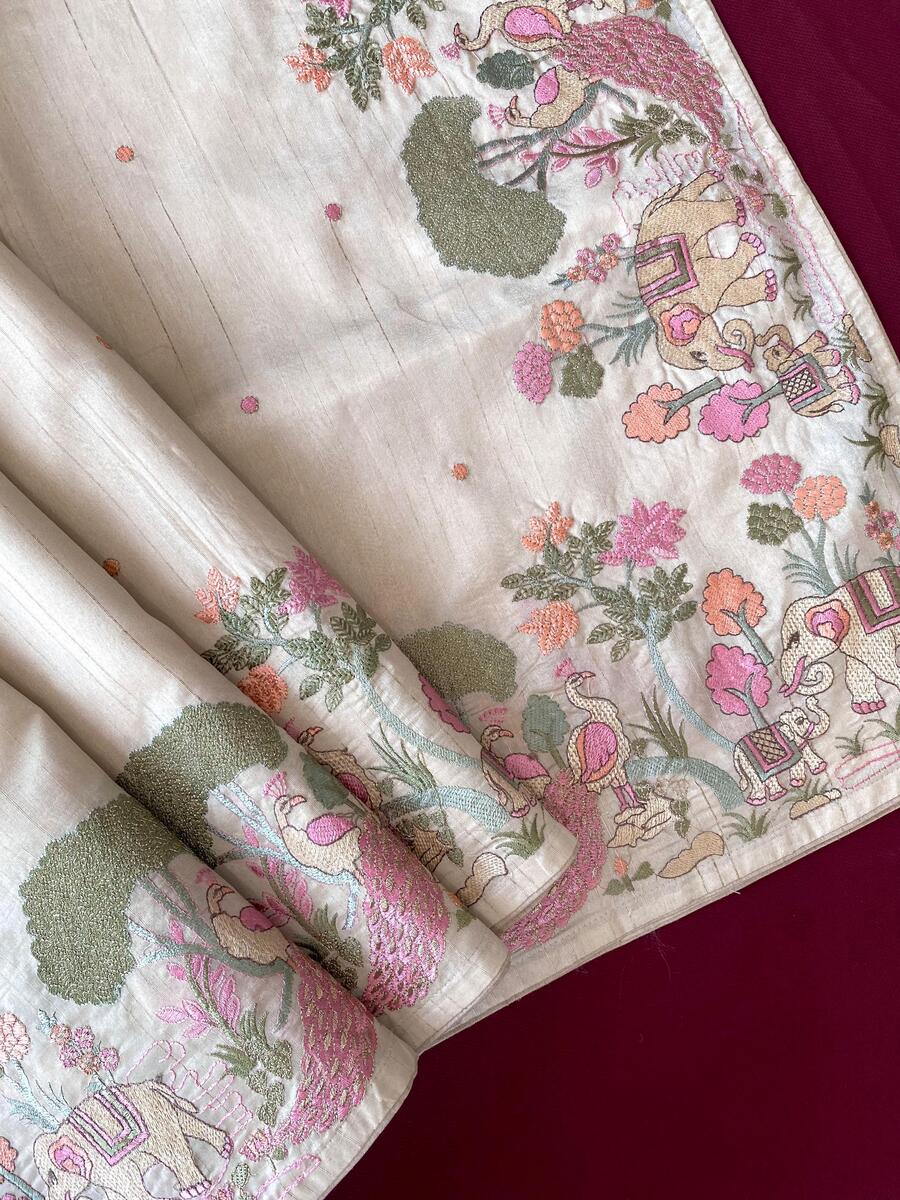 Woebegone Beige Embroidery Work Tussar Silk Saree With Unequalled Blouse Piece