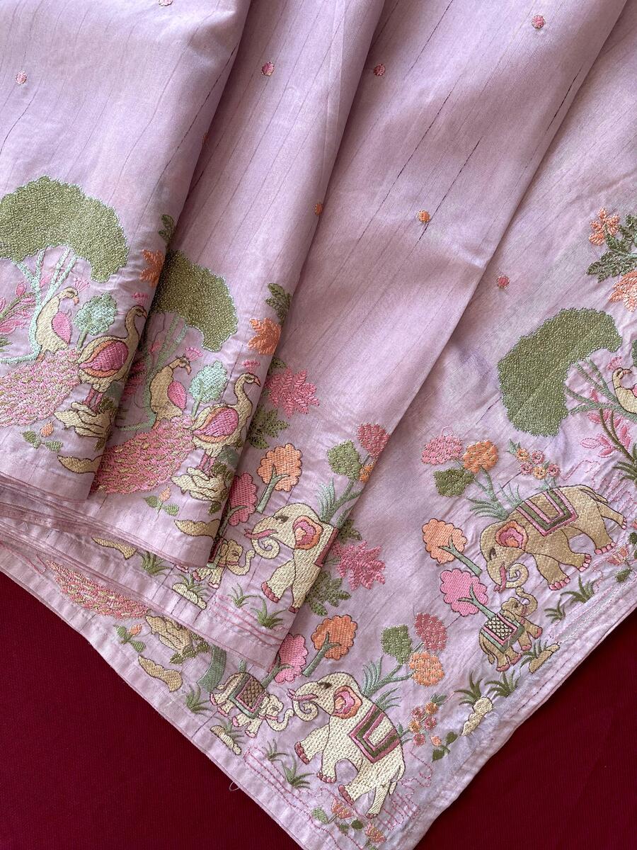 Enchanting Lavender Embroidery Work Tussar Silk Saree With Petrichor Blouse Piece