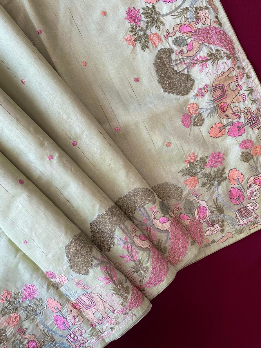 Panache Pista Embroidery Work Tussar Silk Saree With Angelic Blouse Piece