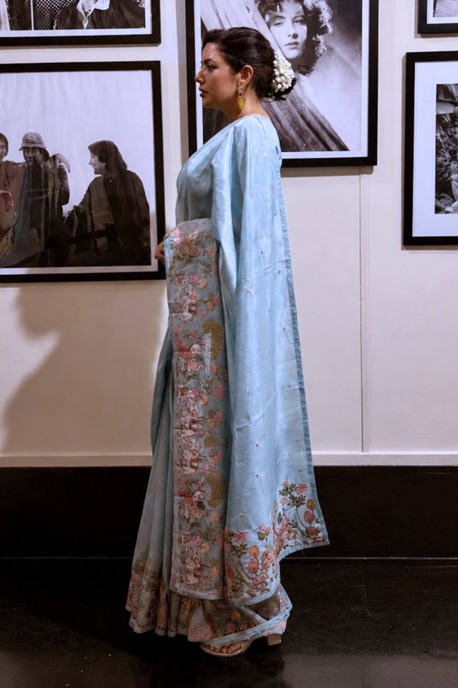 Rajshri Deshpande In Sky Embroidery Work Saree